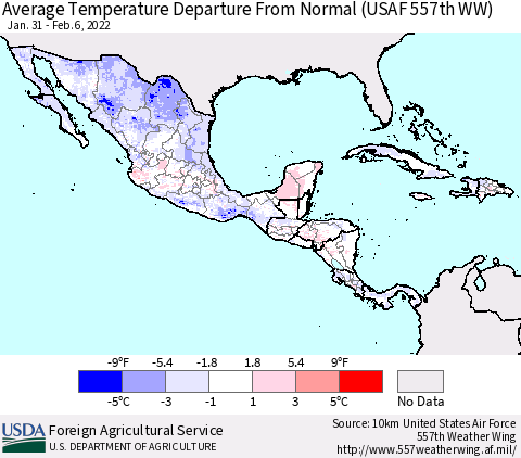 Mexico Central America and the Caribbean Average Temperature Departure from Normal (USAF 557th WW) Thematic Map For 1/31/2022 - 2/6/2022