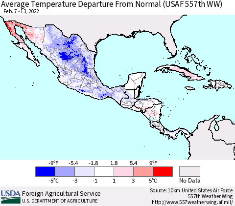 Mexico Central America and the Caribbean Average Temperature Departure from Normal (USAF 557th WW) Thematic Map For 2/7/2022 - 2/13/2022