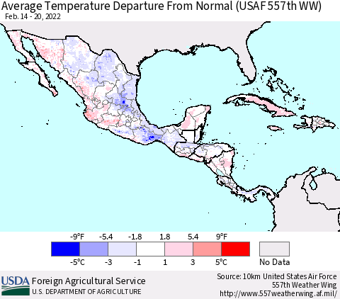 Mexico Central America and the Caribbean Average Temperature Departure from Normal (USAF 557th WW) Thematic Map For 2/14/2022 - 2/20/2022