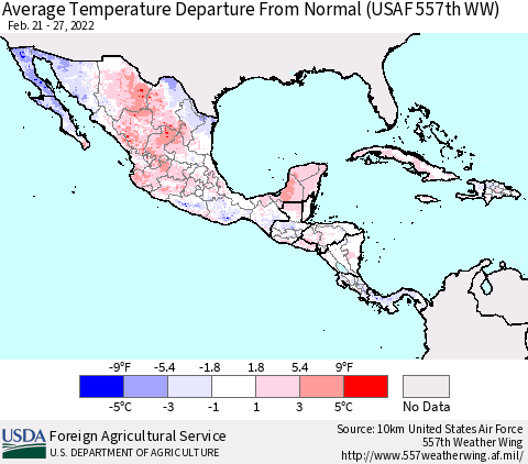 Mexico Central America and the Caribbean Average Temperature Departure from Normal (USAF 557th WW) Thematic Map For 2/21/2022 - 2/27/2022