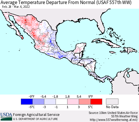 Mexico Central America and the Caribbean Average Temperature Departure from Normal (USAF 557th WW) Thematic Map For 2/28/2022 - 3/6/2022