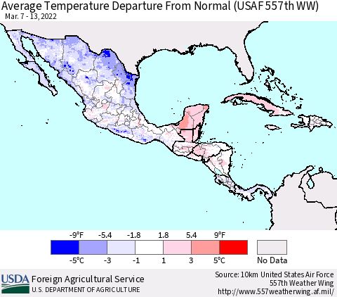 Mexico Central America and the Caribbean Average Temperature Departure from Normal (USAF 557th WW) Thematic Map For 3/7/2022 - 3/13/2022