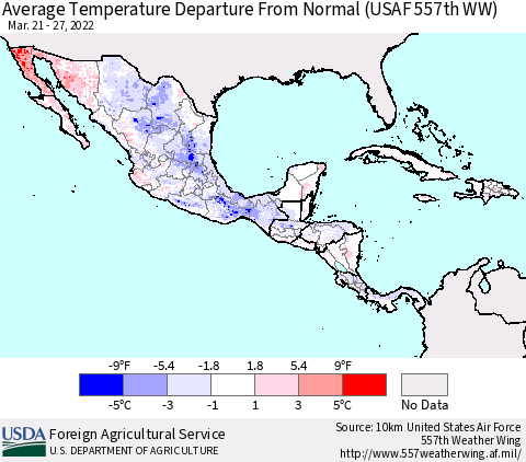 Mexico Central America and the Caribbean Average Temperature Departure from Normal (USAF 557th WW) Thematic Map For 3/21/2022 - 3/27/2022