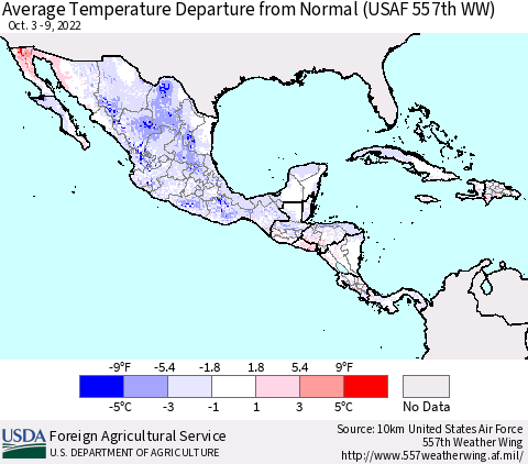 Mexico Central America and the Caribbean Average Temperature Departure from Normal (USAF 557th WW) Thematic Map For 10/3/2022 - 10/9/2022