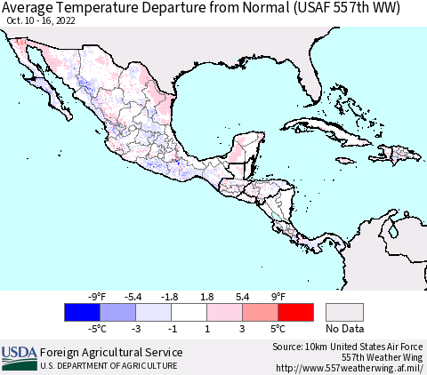 Mexico Central America and the Caribbean Average Temperature Departure from Normal (USAF 557th WW) Thematic Map For 10/10/2022 - 10/16/2022