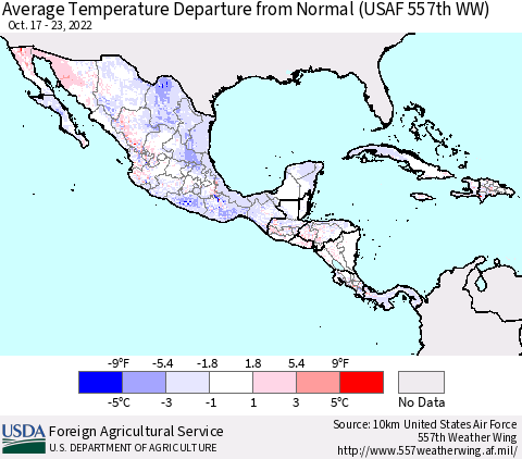 Mexico Central America and the Caribbean Average Temperature Departure from Normal (USAF 557th WW) Thematic Map For 10/17/2022 - 10/23/2022
