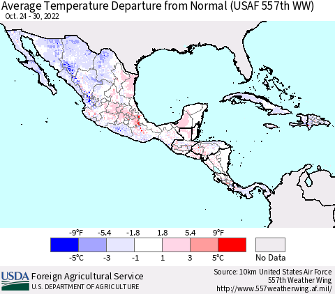 Mexico Central America and the Caribbean Average Temperature Departure from Normal (USAF 557th WW) Thematic Map For 10/24/2022 - 10/30/2022