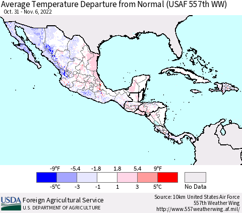 Mexico Central America and the Caribbean Average Temperature Departure from Normal (USAF 557th WW) Thematic Map For 10/31/2022 - 11/6/2022