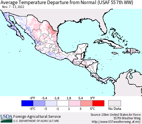 Mexico Central America and the Caribbean Average Temperature Departure from Normal (USAF 557th WW) Thematic Map For 11/7/2022 - 11/13/2022