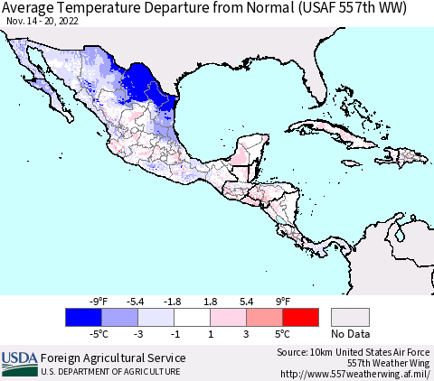 Mexico Central America and the Caribbean Average Temperature Departure from Normal (USAF 557th WW) Thematic Map For 11/14/2022 - 11/20/2022