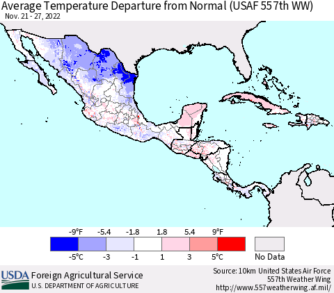 Mexico Central America and the Caribbean Average Temperature Departure from Normal (USAF 557th WW) Thematic Map For 11/21/2022 - 11/27/2022