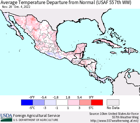 Mexico Central America and the Caribbean Average Temperature Departure from Normal (USAF 557th WW) Thematic Map For 11/28/2022 - 12/4/2022
