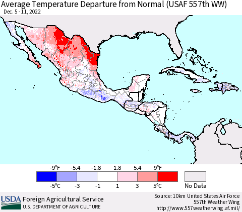 Mexico Central America and the Caribbean Average Temperature Departure from Normal (USAF 557th WW) Thematic Map For 12/5/2022 - 12/11/2022