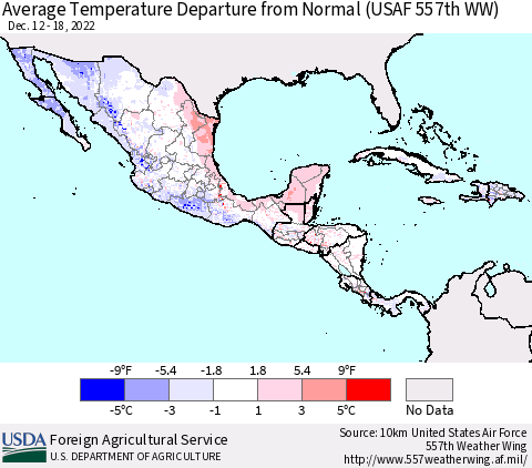 Mexico Central America and the Caribbean Average Temperature Departure from Normal (USAF 557th WW) Thematic Map For 12/12/2022 - 12/18/2022