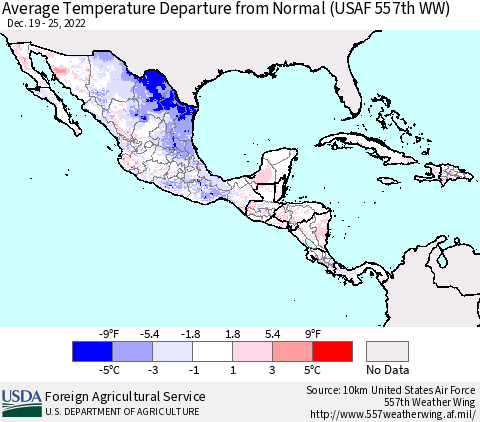 Mexico Central America and the Caribbean Average Temperature Departure from Normal (USAF 557th WW) Thematic Map For 12/19/2022 - 12/25/2022