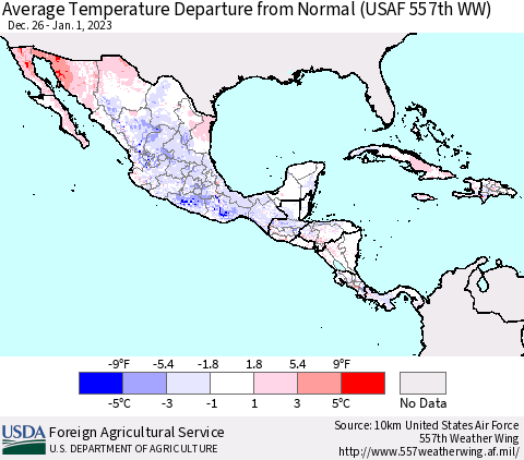 Mexico Central America and the Caribbean Average Temperature Departure from Normal (USAF 557th WW) Thematic Map For 12/26/2022 - 1/1/2023