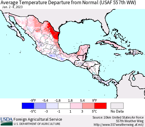 Mexico Central America and the Caribbean Average Temperature Departure from Normal (USAF 557th WW) Thematic Map For 1/2/2023 - 1/8/2023