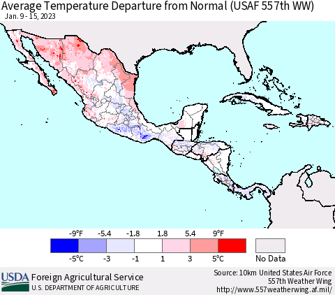 Mexico Central America and the Caribbean Average Temperature Departure from Normal (USAF 557th WW) Thematic Map For 1/9/2023 - 1/15/2023