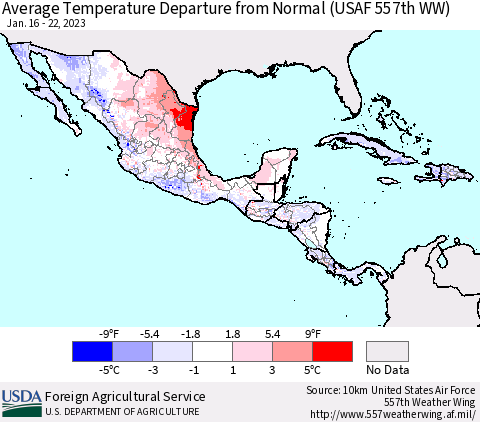 Mexico Central America and the Caribbean Average Temperature Departure from Normal (USAF 557th WW) Thematic Map For 1/16/2023 - 1/22/2023