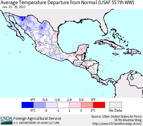 Mexico Central America and the Caribbean Average Temperature Departure from Normal (USAF 557th WW) Thematic Map For 1/23/2023 - 1/29/2023