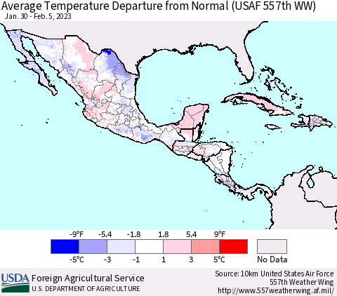Mexico Central America and the Caribbean Average Temperature Departure from Normal (USAF 557th WW) Thematic Map For 1/30/2023 - 2/5/2023