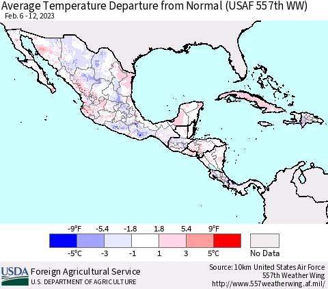 Mexico Central America and the Caribbean Average Temperature Departure from Normal (USAF 557th WW) Thematic Map For 2/6/2023 - 2/12/2023