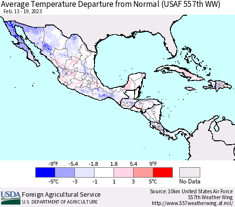 Mexico Central America and the Caribbean Average Temperature Departure from Normal (USAF 557th WW) Thematic Map For 2/13/2023 - 2/19/2023