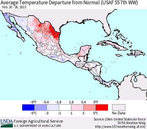Mexico Central America and the Caribbean Average Temperature Departure from Normal (USAF 557th WW) Thematic Map For 2/20/2023 - 2/26/2023