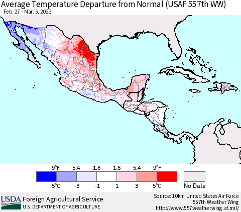 Mexico Central America and the Caribbean Average Temperature Departure from Normal (USAF 557th WW) Thematic Map For 2/27/2023 - 3/5/2023