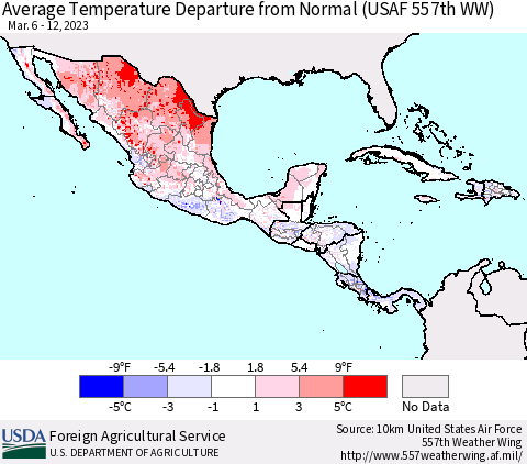 Mexico Central America and the Caribbean Average Temperature Departure from Normal (USAF 557th WW) Thematic Map For 3/6/2023 - 3/12/2023