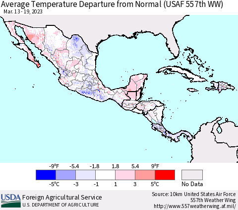 Mexico Central America and the Caribbean Average Temperature Departure from Normal (USAF 557th WW) Thematic Map For 3/13/2023 - 3/19/2023