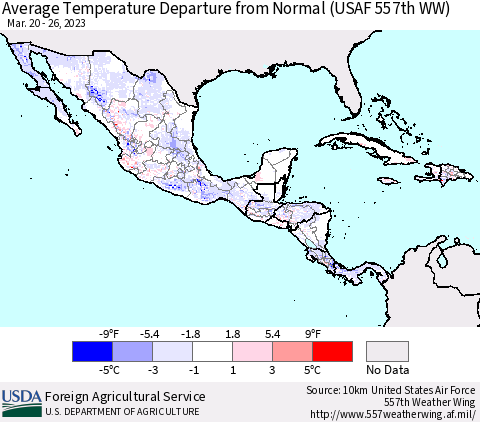 Mexico Central America and the Caribbean Average Temperature Departure from Normal (USAF 557th WW) Thematic Map For 3/20/2023 - 3/26/2023
