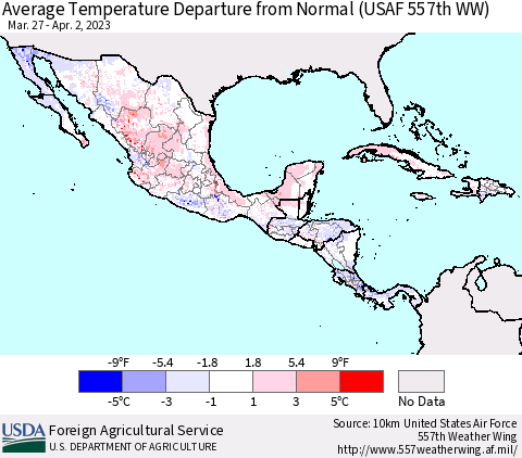 Mexico Central America and the Caribbean Average Temperature Departure from Normal (USAF 557th WW) Thematic Map For 3/27/2023 - 4/2/2023
