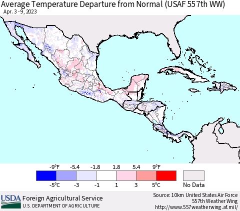 Mexico Central America and the Caribbean Average Temperature Departure from Normal (USAF 557th WW) Thematic Map For 4/3/2023 - 4/9/2023