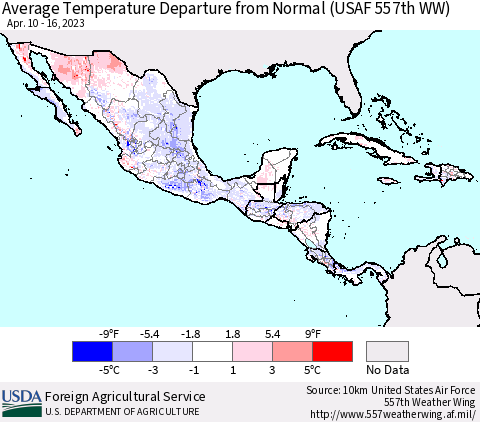Mexico Central America and the Caribbean Average Temperature Departure from Normal (USAF 557th WW) Thematic Map For 4/10/2023 - 4/16/2023