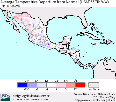 Mexico Central America and the Caribbean Average Temperature Departure from Normal (USAF 557th WW) Thematic Map For 4/17/2023 - 4/23/2023