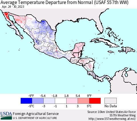 Mexico Central America and the Caribbean Average Temperature Departure from Normal (USAF 557th WW) Thematic Map For 4/24/2023 - 4/30/2023