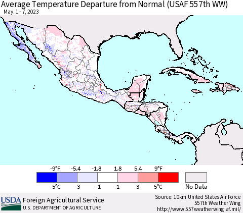 Mexico Central America and the Caribbean Average Temperature Departure from Normal (USAF 557th WW) Thematic Map For 5/1/2023 - 5/7/2023
