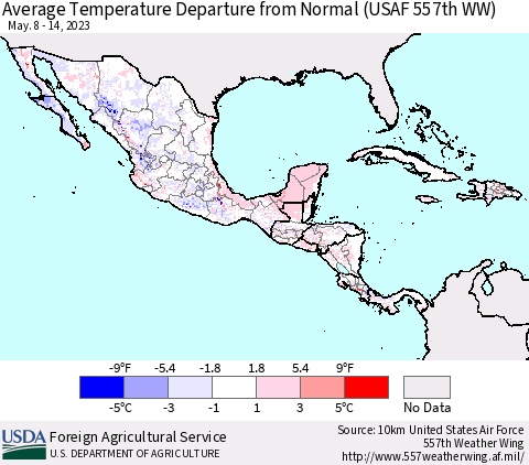 Mexico Central America and the Caribbean Average Temperature Departure from Normal (USAF 557th WW) Thematic Map For 5/8/2023 - 5/14/2023