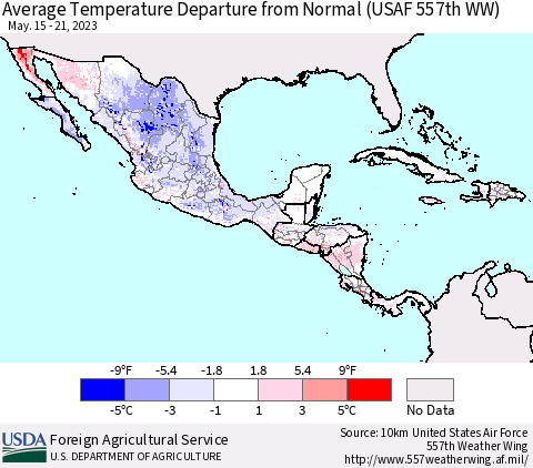 Mexico Central America and the Caribbean Average Temperature Departure from Normal (USAF 557th WW) Thematic Map For 5/15/2023 - 5/21/2023