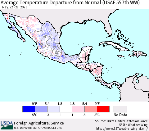 Mexico Central America and the Caribbean Average Temperature Departure from Normal (USAF 557th WW) Thematic Map For 5/22/2023 - 5/28/2023