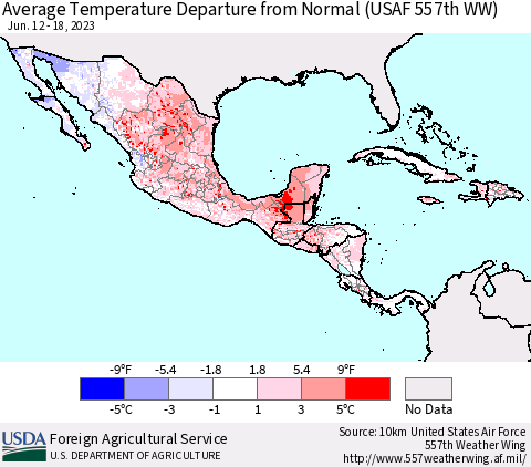 Mexico Central America and the Caribbean Average Temperature Departure from Normal (USAF 557th WW) Thematic Map For 6/12/2023 - 6/18/2023