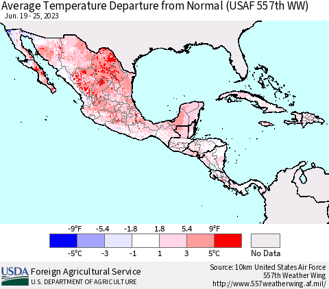 Mexico Central America and the Caribbean Average Temperature Departure from Normal (USAF 557th WW) Thematic Map For 6/19/2023 - 6/25/2023