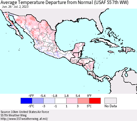 Mexico Central America and the Caribbean Average Temperature Departure from Normal (USAF 557th WW) Thematic Map For 6/26/2023 - 7/2/2023