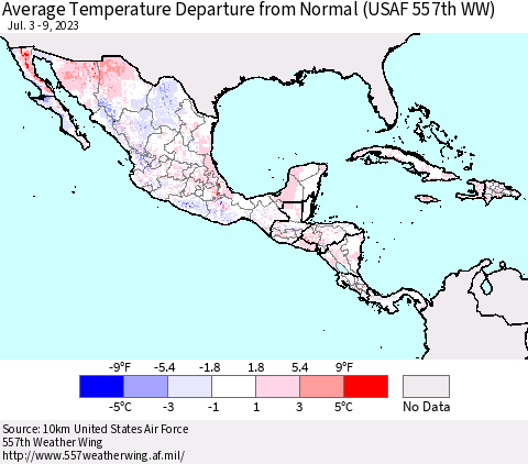 Mexico Central America and the Caribbean Average Temperature Departure from Normal (USAF 557th WW) Thematic Map For 7/3/2023 - 7/9/2023