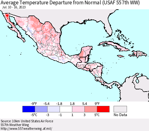 Mexico Central America and the Caribbean Average Temperature Departure from Normal (USAF 557th WW) Thematic Map For 7/10/2023 - 7/16/2023