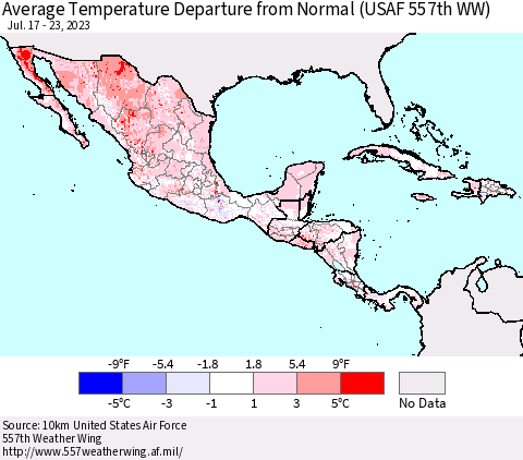Mexico Central America and the Caribbean Average Temperature Departure from Normal (USAF 557th WW) Thematic Map For 7/17/2023 - 7/23/2023