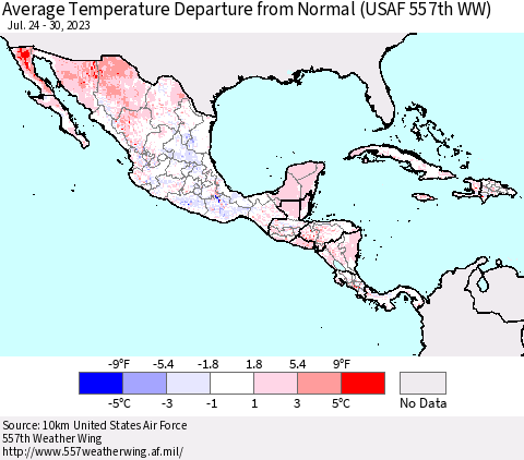 Mexico Central America and the Caribbean Average Temperature Departure from Normal (USAF 557th WW) Thematic Map For 7/24/2023 - 7/30/2023