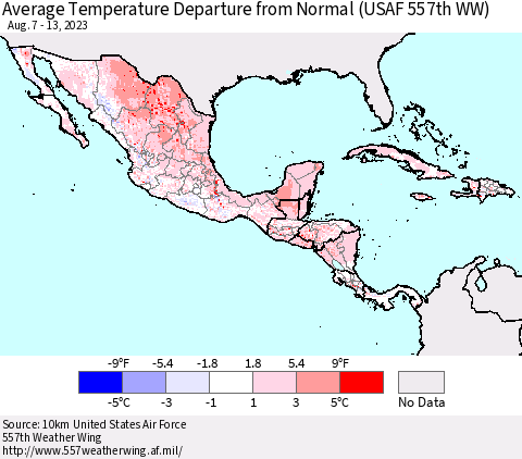 Mexico Central America and the Caribbean Average Temperature Departure from Normal (USAF 557th WW) Thematic Map For 8/7/2023 - 8/13/2023