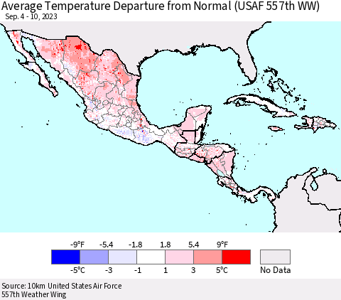 Mexico Central America and the Caribbean Average Temperature Departure from Normal (USAF 557th WW) Thematic Map For 9/4/2023 - 9/10/2023